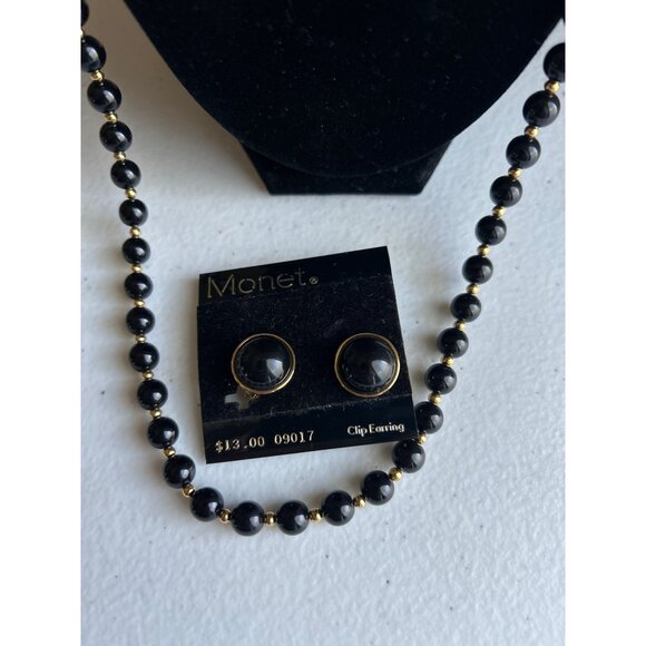 Vintage Monet Black & Gold Beaded Necklace & Black & Gold Trim Clip Earrings Set - Picture 2 of 8